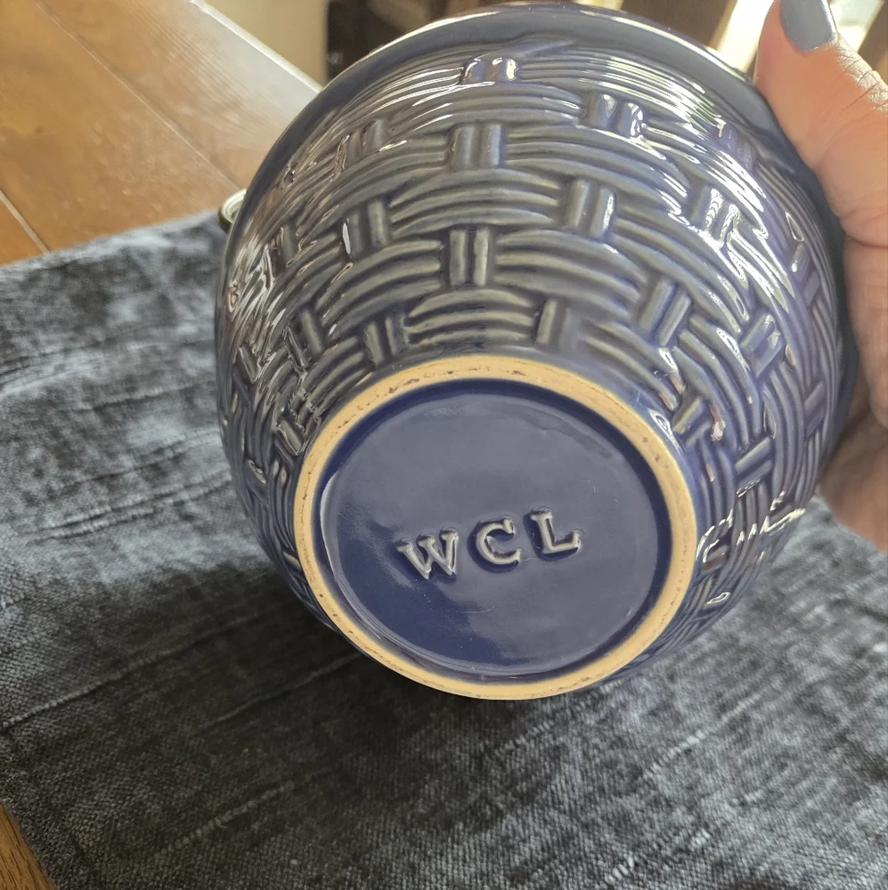Vintage WCL Blue Pottery Basket Metal Handle Ceramic Handle Basket Weave Bowl